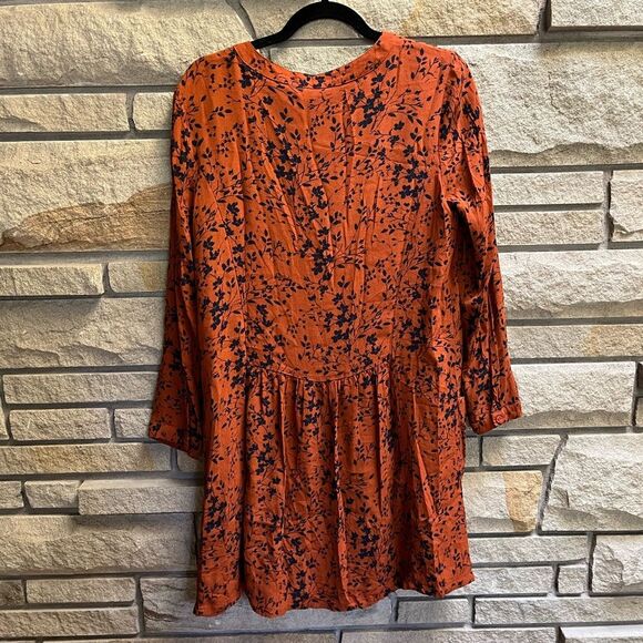 Garnet Hill Shirtdress Floral Print Drop Waist Pockets Rust Navy 12 - Picture 8 of 11